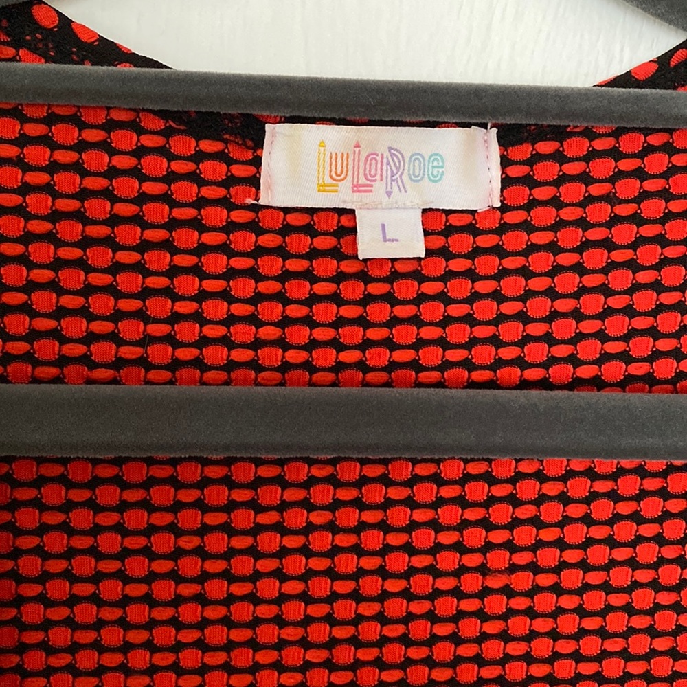 LuLaRoe Sarah light weight long cardigan. Size Large. Black/red dots